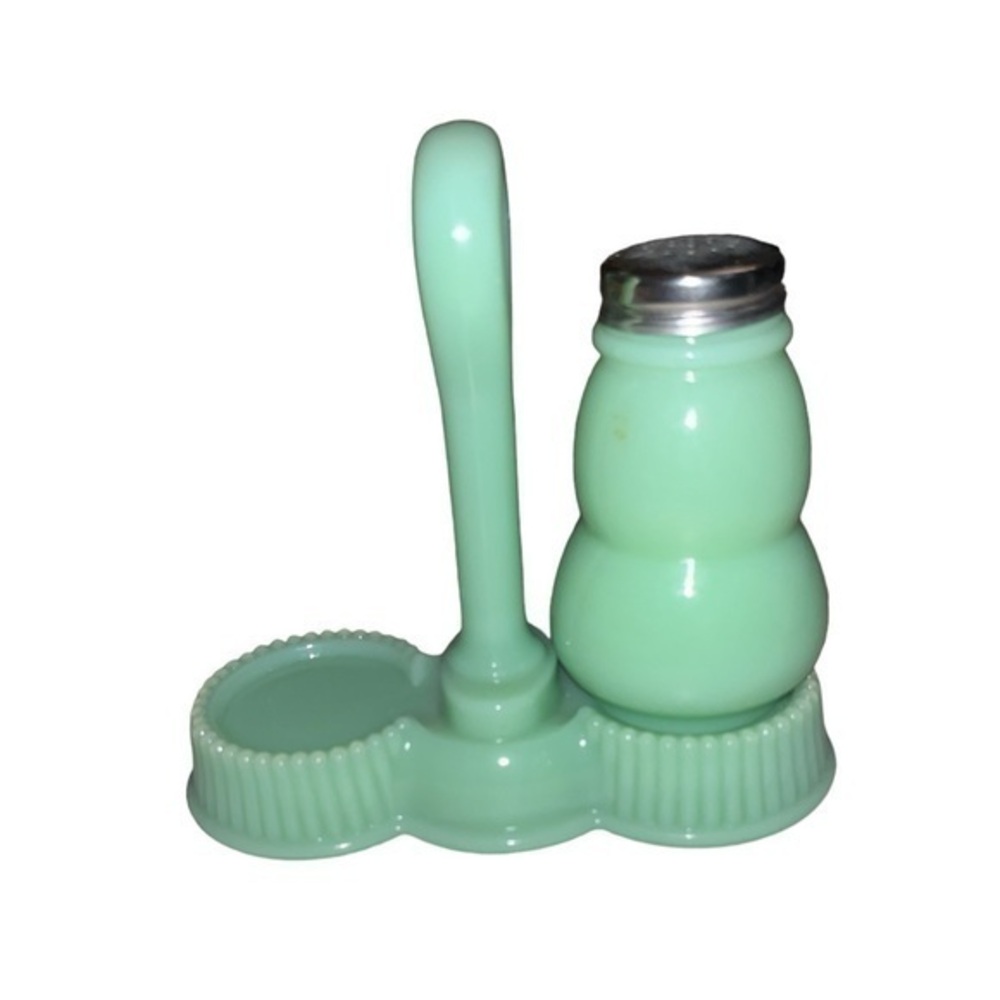 JADITE MOSSER GLASS GREEN JADEITE STYLE SALT /PEPPER SHAKER W/ CADDY TRAY